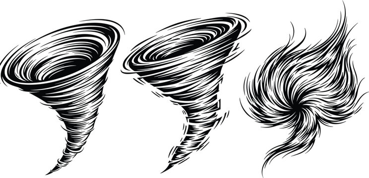 Tornado and whirlwind storm illustration set with swirling wind vortex and abstract hurricane shapes black vector design