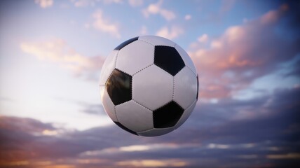 Fototapeta premium Soccer ball flying through sunset sky with clouds