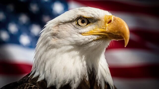 Ultra‑realistic close‑up of a bald eagle with sharp golden eyes and detailed feathers, standing proudly in front of a softly waving American flag.
