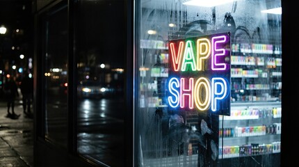 Neon sign reading "VAPE SHOP" illuminates a storefront window, showcasing colorful vape products on shelves inside, creating a vibrant urban atmosphere with reflections