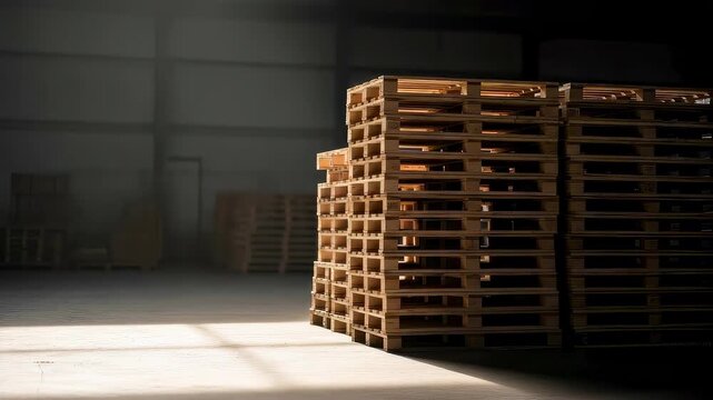 Time lapse of wooden pallets stacked in warehouse with sunlight on floor for logistics and global delivery concept