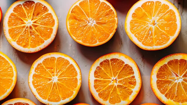 reshly sliced oranges arranged in a vibrant pattern on a rustic wooden surface showcasing their juicy segments and bright colors with a focus on texture and detail