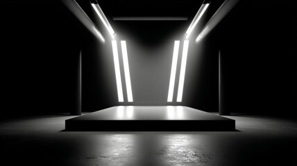 Minimalist dark stage with illuminated vertical light bars and reflective floor in a modern industrial setting