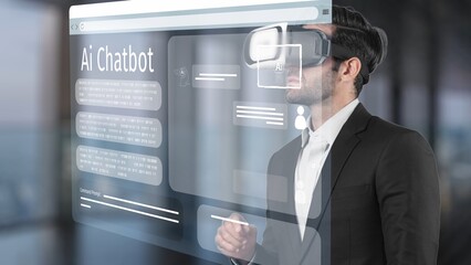 A professional man engages with a virtual reality chatbot interface while in a sleek office setting, showcasing the future of technology and user interaction. Raster