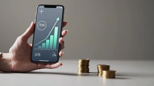 Financial chart rising on smartphone screen, professional woman analyzing investment performance near golden coins against neutral backdrop, symbolizing economic success