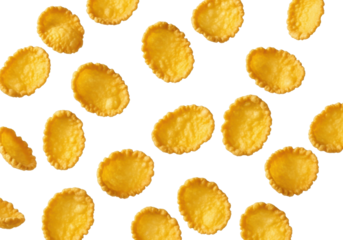 Golden-yellow cornflakes, crunchy textures and crisp edges, dynamically suspended against a transparent background with copy space, bright studio lighting, concept for breakfast advertising
