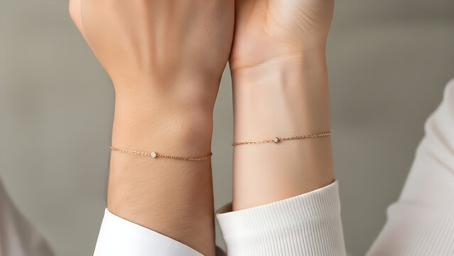 Woman wearing delicate gold bracelets on wrists isolated on white background