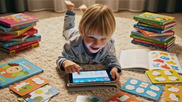 A young boy in blue pajamas lies on a white rug, focusing on a digital tablet screen. He is surrounded by stacks of colorful books and learning tools in a warm, inviting home environment.