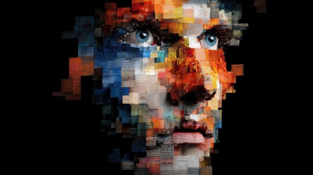 Abstract mosaic face of young caucasian male with vibrant color blocks.