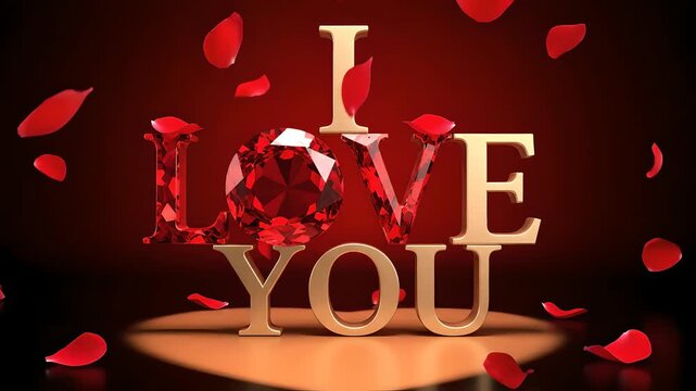 3D golden 'I LOVE YOU' text with a glittering ruby gemstone for 'LOVE', surrounded by falling red rose petals on a dark red background, ideal for Valentine's Day, anniversaries, romantic messages,