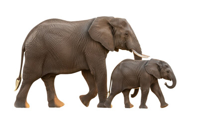 Fototapeta premium African elephant mother walking with calf isolated on transparent background