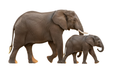 African elephant mother walking with calf isolated on transparent background