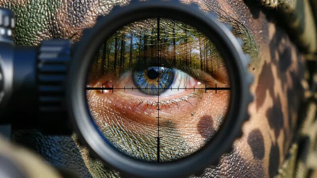 Sniper peering through rifle scope in camouflage. Male soldiers blue eye focusing intensely during tactical surveillance. Military aiming and reconnaissance concept.