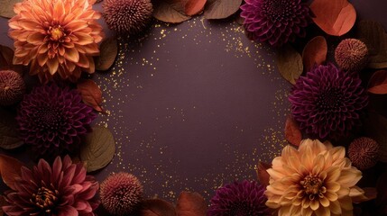 Vibrant autumn themed floral frame made of orange and burgundy dahlias, dried leaves, and golden glitter on a dark purple textured background.