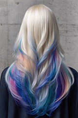 Long platinum blonde hair with vibrant pastel blue and pink highlights from the back