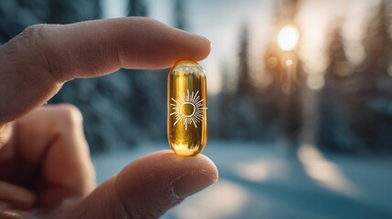 Vitamin D supplement capsule held between fingers with sunlight and winter forest in background