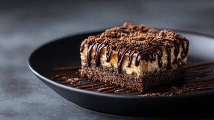 Chocolate brownie cheesecake dessert topped with caramel and chocolate drizzle on black plate