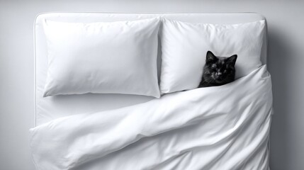 Black cat sleeping tucked in white bed under blanket with pillows in cozy minimal bedroom