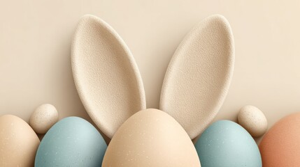 Obraz premium Minimal Easter Greeting Card Illustration With Pastel Easter Bunny Ears And Painted Eggs For Spring Celebration