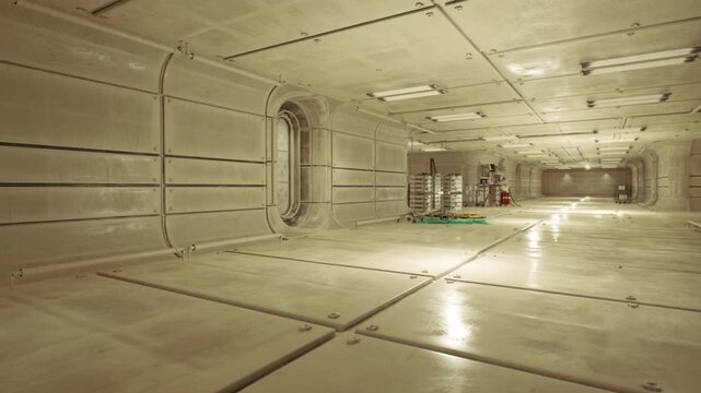 Long metal corridor with distant equipment and diagnostic crates, inspection mood, corridor depth emphasized by repeating panels, ideal for maintenance or scifi