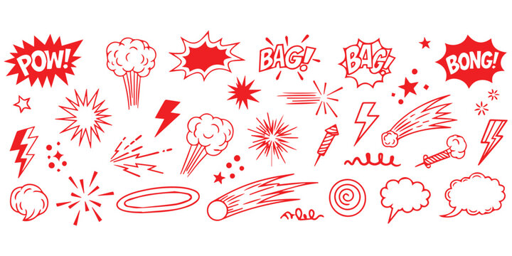 Hand drawn comic book elements collection with sound effects and action doodles