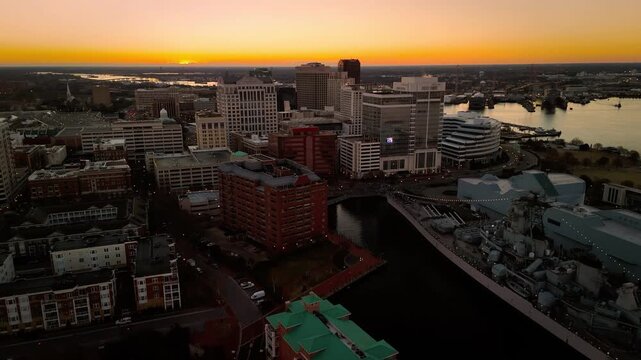 Aerial sunrise over downtown Norfolk skyline and Elizabeth River waterfront, Virginia