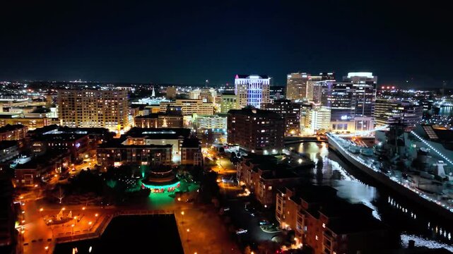 Aerial drone view of downtown Norfolk skyline at night, Virginia

