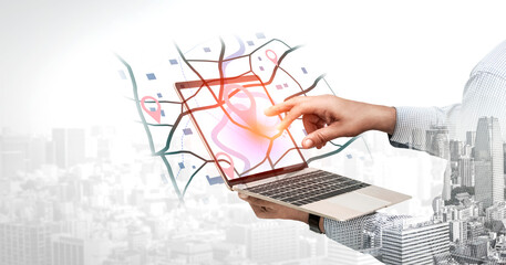 Obraz premium Concept of location tracking and GPS navigation. Map with pins marking a destination and points of interest for travel, delivery routes, or finding a specific address. Fermion