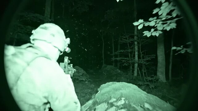 Man in tactical gear advancing through dark forest in night vision simulation. Stealthy woodland navigation from observation to approach during military training exercise.
