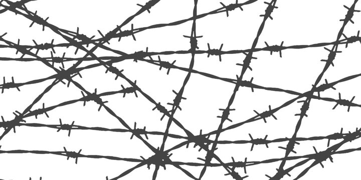 A tangled cluster of barbed wire against a white background creating a barrier pattern