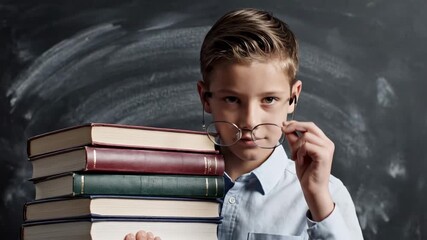 Cinematic shot of a studious boy adjusting his round glasses while holding a stack of hardcover books. A dusty chalkboard backdrop emphasizes an academic and determined learning mood.