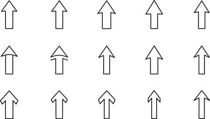 Collection of fifteen diverse black and white upward-pointing arrow icons illustrating various design styles
