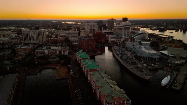 Aerial sunrise over downtown Norfolk skyline and Elizabeth River waterfront, Virginia