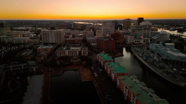 Aerial sunrise over downtown Norfolk skyline and Elizabeth River waterfront, Virginia