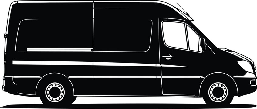 Stylized black and white vector illustration of a commercial cargo delivery van side view