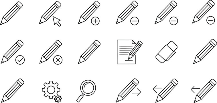 Collection of thin line icons representing various pencil editing functions for interface design elements