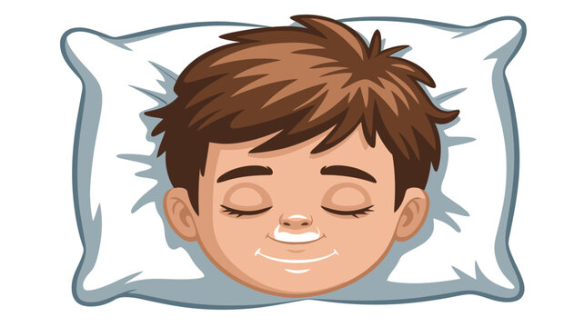 A cartoon boy sleeping peacefully on a white pillow with a smile