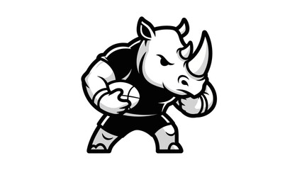 Rugby rhino mascot in action with a ball isolated on a white background © azziza
