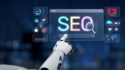 This image features a robotic hand pointing at an SEO analytics dashboard, showcasing data graphs and social media icons, perfect for technology and marketing themes. Synapse