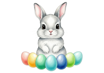 Cute fluffy baby bunny, grey-white fur, large black eyes, standing, surrounded by seven pastel easter eggs on transparent background, whimsical easter celebration atmosphere.