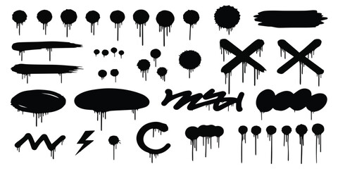A large collection of black graffiti-style spray paint drips and urban grunge elements © md