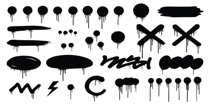 A large collection of black graffiti-style spray paint drips and urban grunge elements