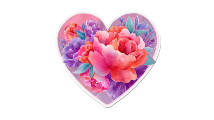 Floral arrangement in heart shape of colorful watercolor flowers and leaves for valentine day or mother day and anniversary isolated illustration