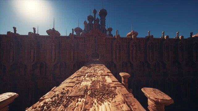 Sunlit fortress walkway heading toward gate, bright midday sun illuminating textured sandstone ramparts, distant skyline punctuated by turrets and battlements,