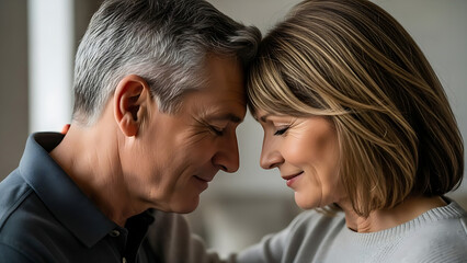 Mature couple standing together with heads touching and smiling