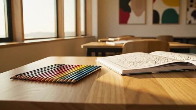Cinematic real-time shot of sharpened colored pencils and a blank sketchbook on a wooden desk. Warm sunlight streams through windows in an empty, peaceful classroom setting for education.