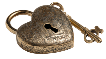 Gold colored antique heart padlock with matching key on transparent backdrop perfect for secure love or antique treasure themes graphic needs