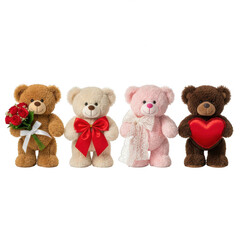 Four adorable stuffed bears holding symbols of love isolated on transparent background