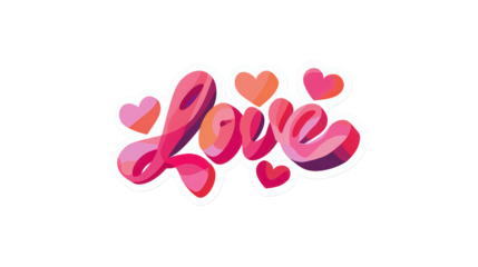 Hand drawn lettering love word sticker concept with colorful hearts around perfect gift for valentine s day flat design vector illustration