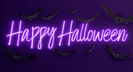 happy halloween written in neon, with bats flying around